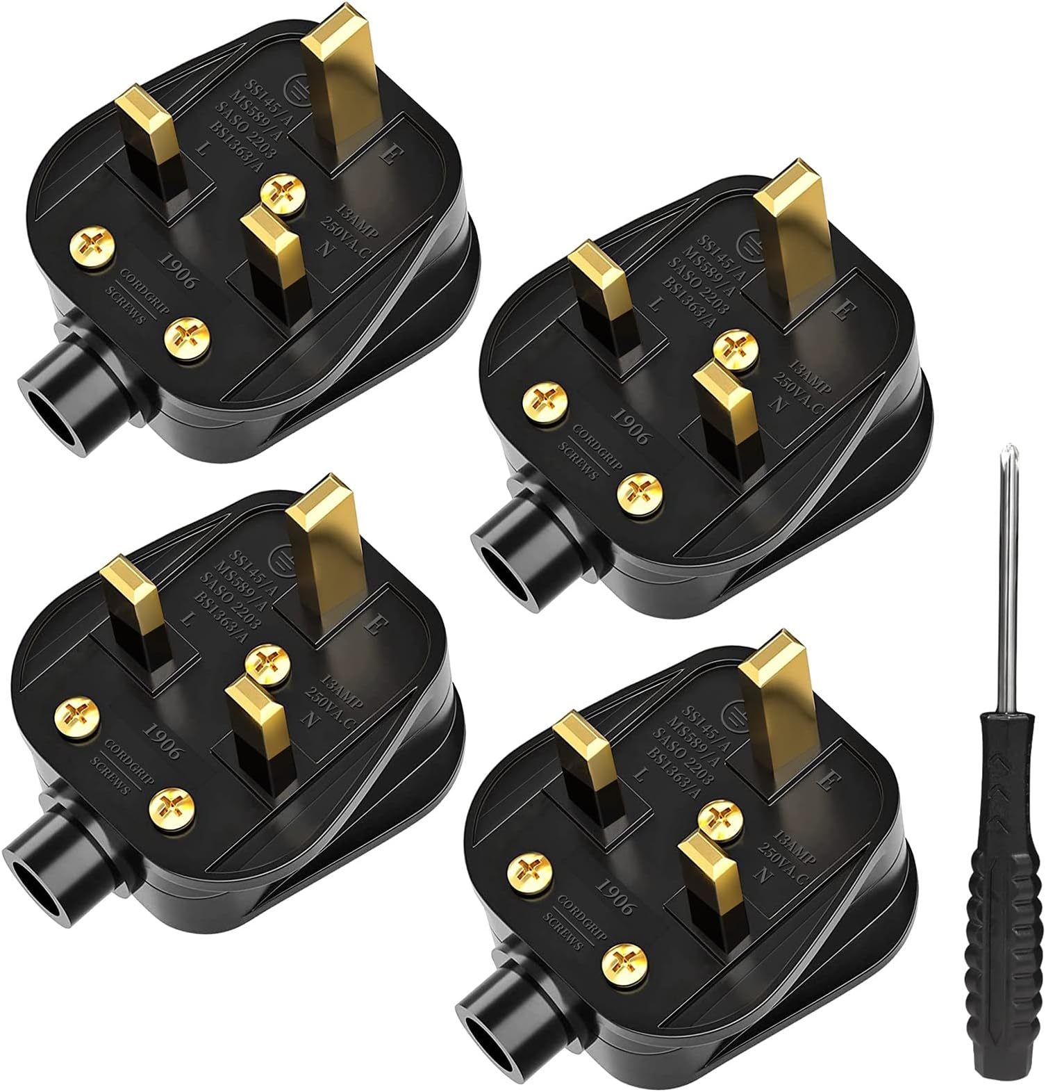 UK Plugs with 13 AMP Fused, 3 pin Mains Plug with Cord Grip Rewireable Heavy Duty Electrical Plug, Rubber Composite Plug, 4 Pack - Black
