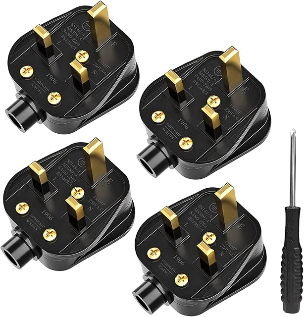 UK Plugs with 13 AMP Fused, 3 pin Mains Plug with Cord Grip Rewireable Heavy Duty Electrical Plug, Rubber Composite Plug, 4 Pack (Black)