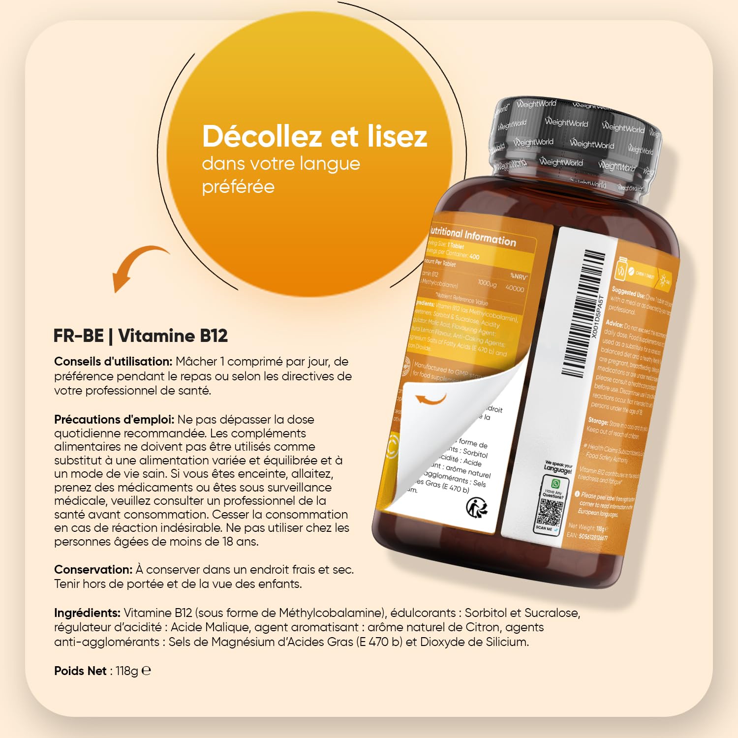 Vitamine B12 Methylcobalamin 1000 mcg Vegan Comprimés à Croquer - 400 Micro-Comprimés de Vitamine B12 Methylcobalamine, Goût Citron, 1 An d'Approvisionnement, sans OGM, sans Gluten