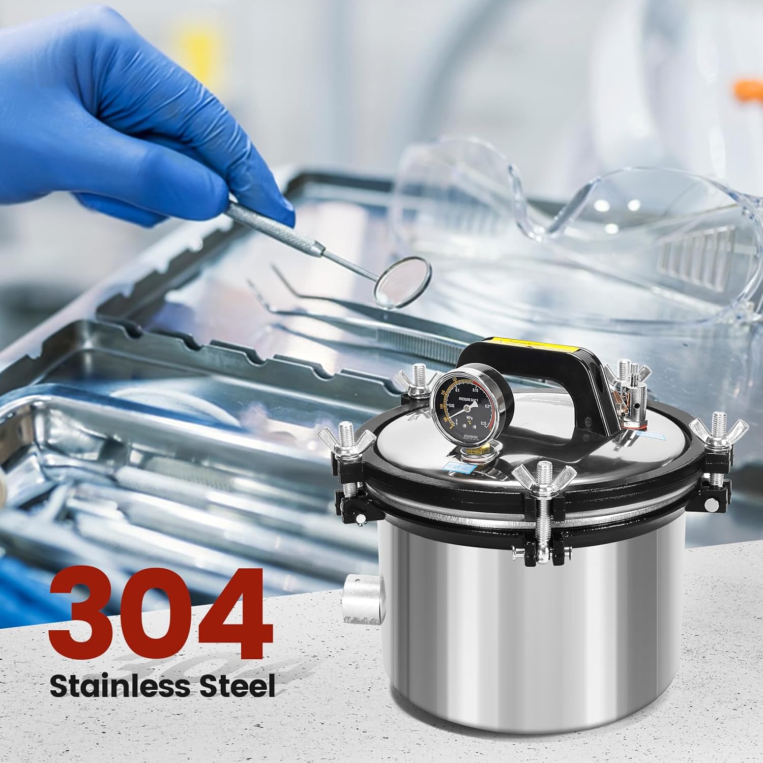 8L Portable Steam Autoclave for Laboratory Tool Cleaning, 304 Stainless Steel, Dual Fuel (Electric & Coal), Dry-Burn Protection, YX-280B