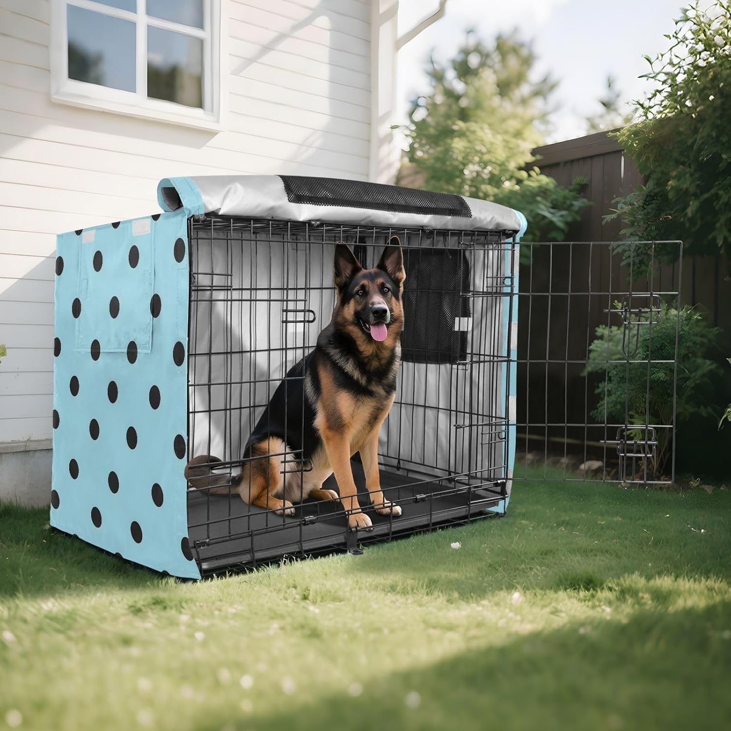 Polka Dots Blue Black Dog Crate Cover 600D Oxford Pet Kennel Cover with Mesh Window for Dog Cages, Windproof Waterproof Machine Washable, 42"x28"x30"