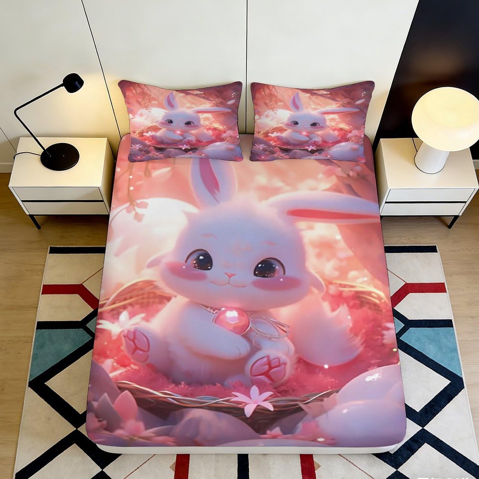 Wtorimpel Style-7 3D Printed Cute Bunny Fitted Sheet Microfiber Non-Slip Deep Pocket Bedroom Bedding Cute Bunny Mattress Fitted Cover Elastic Hem Washable Protection 90X200x25cm