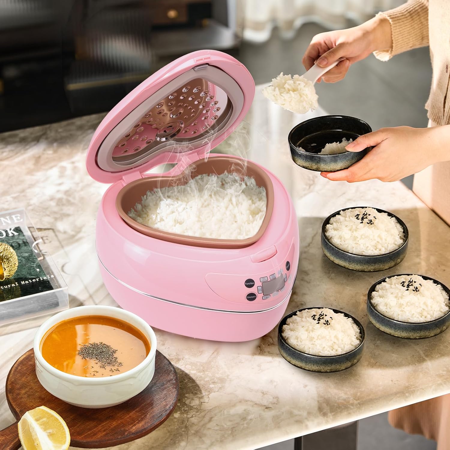 Heart Shaped Pink Rice Cooker Small Multifunctional Peach Heart Shape 300W High Power Preset Timer Automatic Heat Preservation