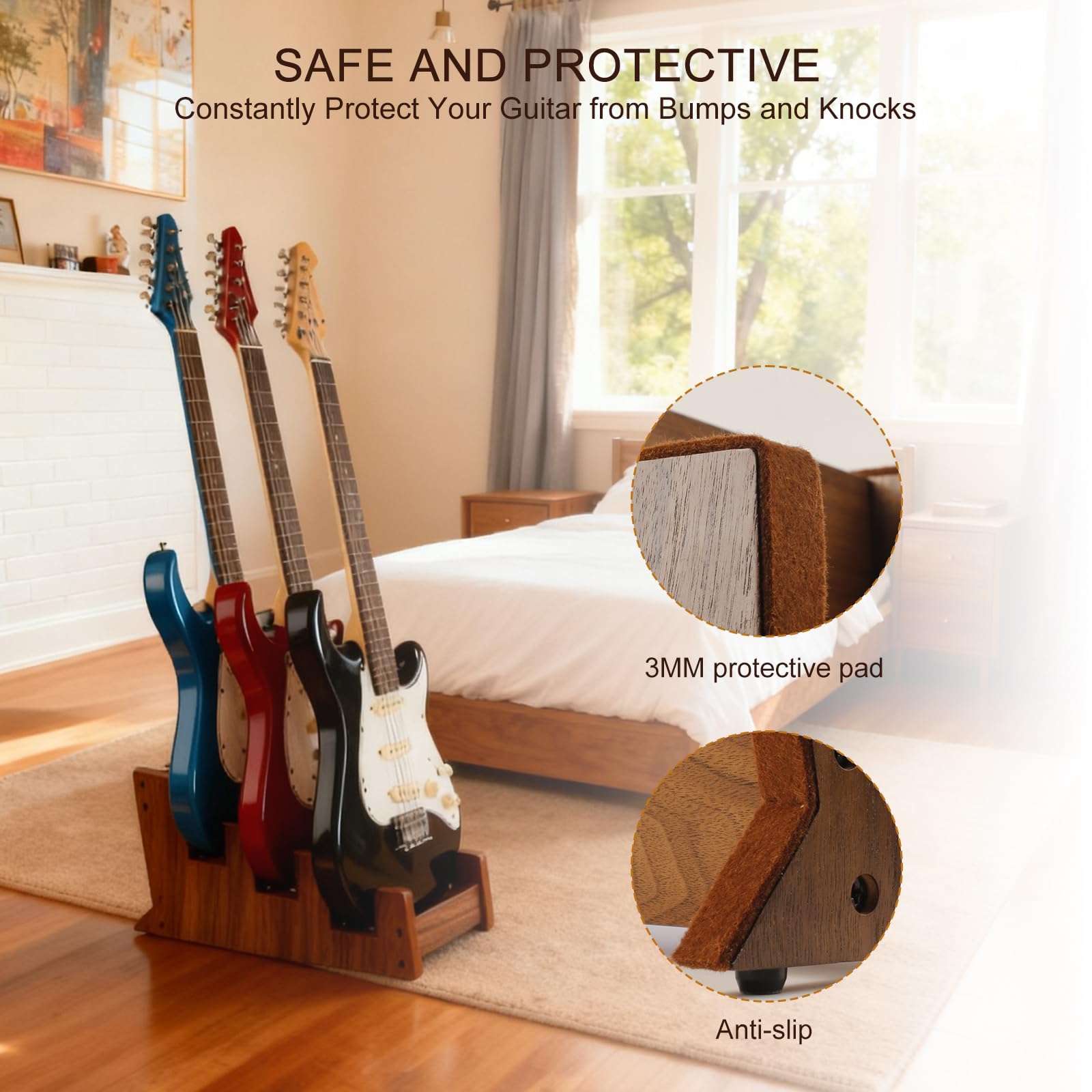 DIDA Soporte de suelo de madera para múltiples guitarras eléctricas, 3 soportes, ahorro de espacio, soporte para guitarra de suelo para casa, estudio, escenario, varias guitarras eléctricas, bajo