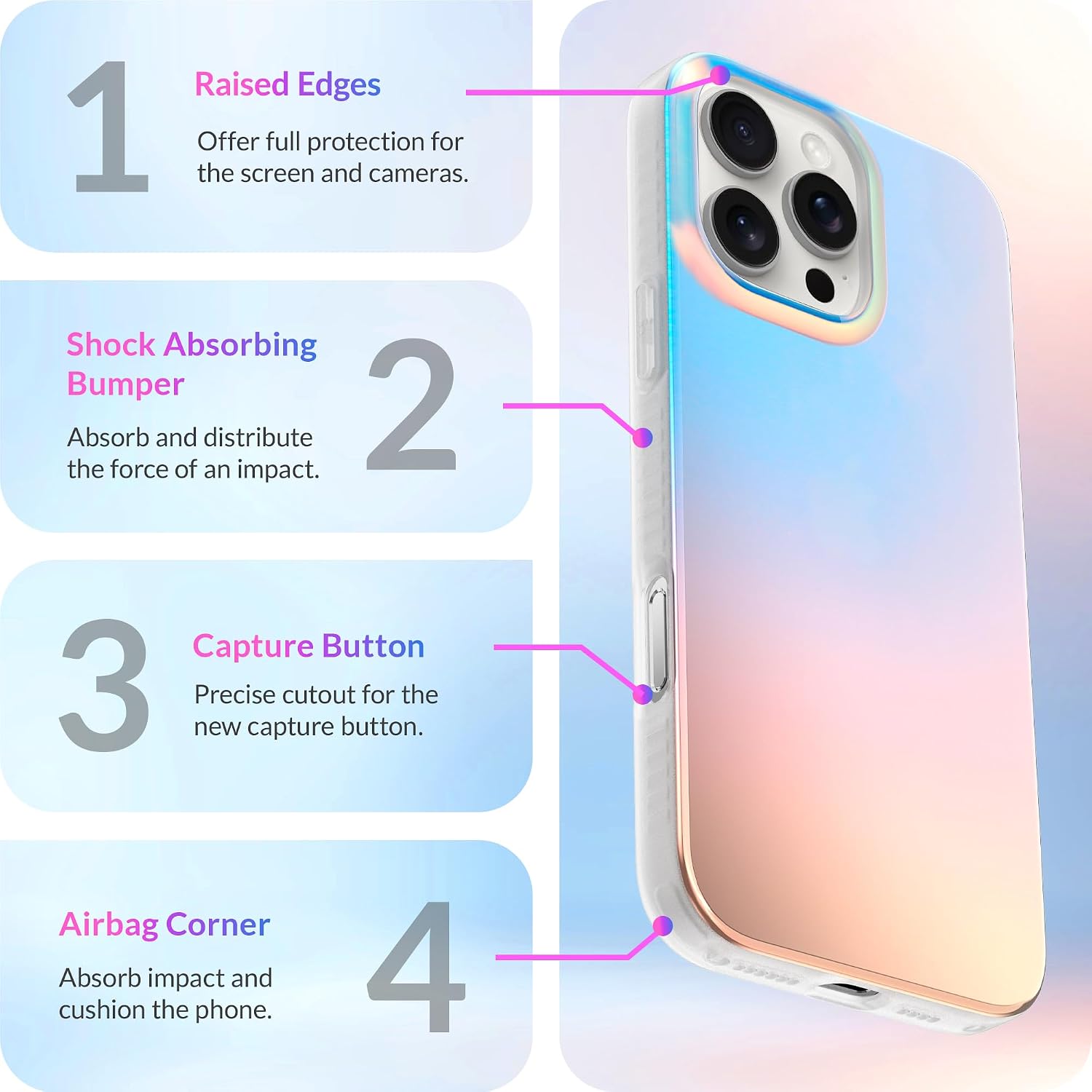 LONLI Hue for iPhone 16 Pro Max Case – Dynamic PrismGlow Holographic Iridescent Phone Cover, Slim Shock-Absorbing Protection, Cute Aesthetic Case for Women & Girls