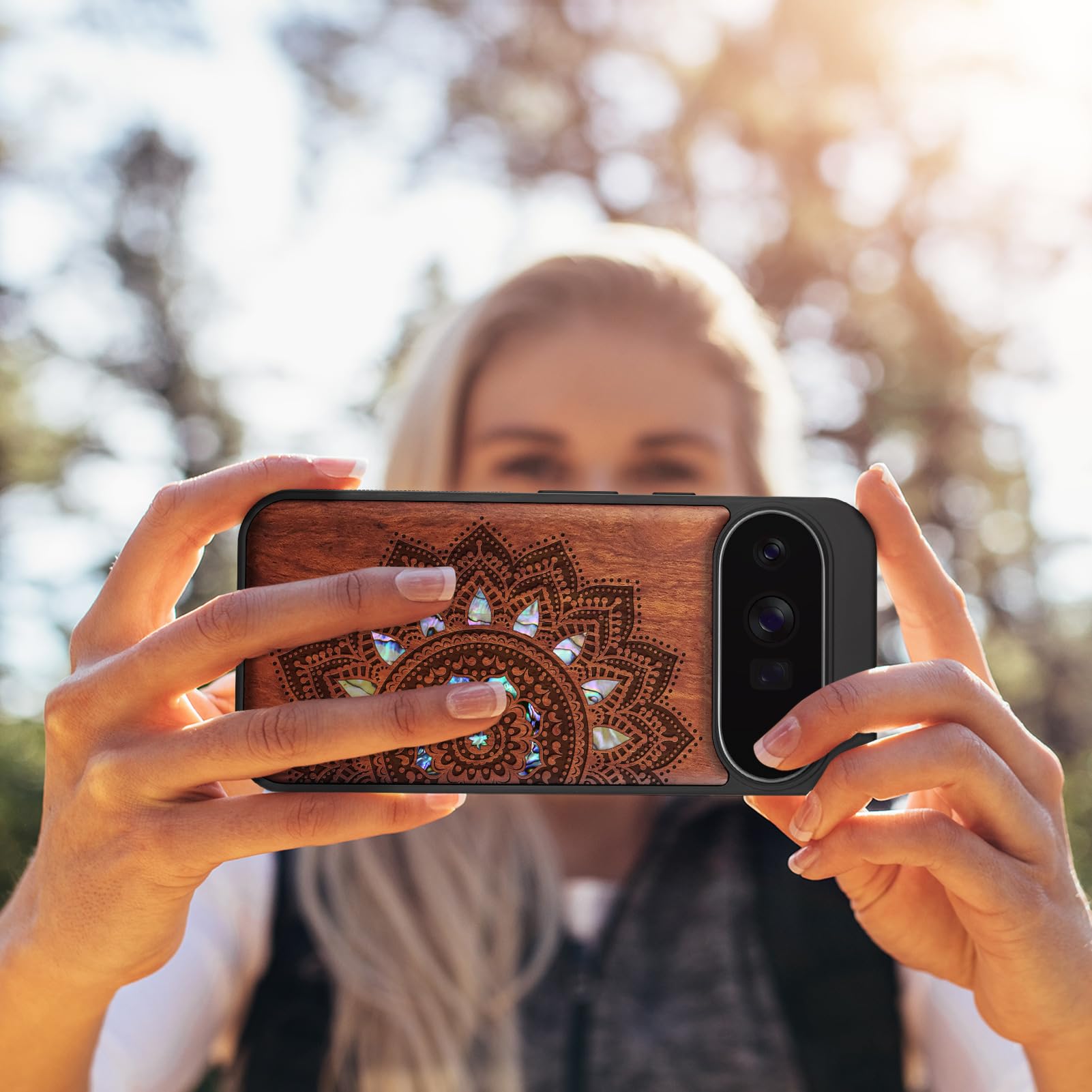Carveit Madera Funda para Google Pixel 11 (Rosa-Arte Mandala) | Compatible con MagSafe [Grabado en madera e incrustación de mejillones] Magnética Cover para Pixel 11 Carcasa