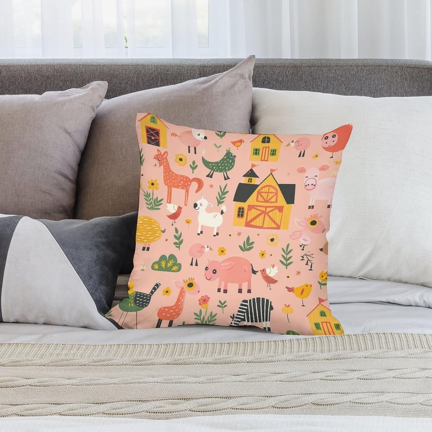 Farm Cow Chicken Animals Printed Throw Pillow Case 4 Pcs Soft Pillowcases Pillows Covers Sofa Bed Decor 12/14/16/17/18/20/22/24/32 Inches