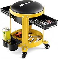 Vista 7 de Goplus - Taburete mecánico con ruedas, asiento tipo enredadera para taller con asiento acolchado removible, 2 cajones, bandeja para herramientas