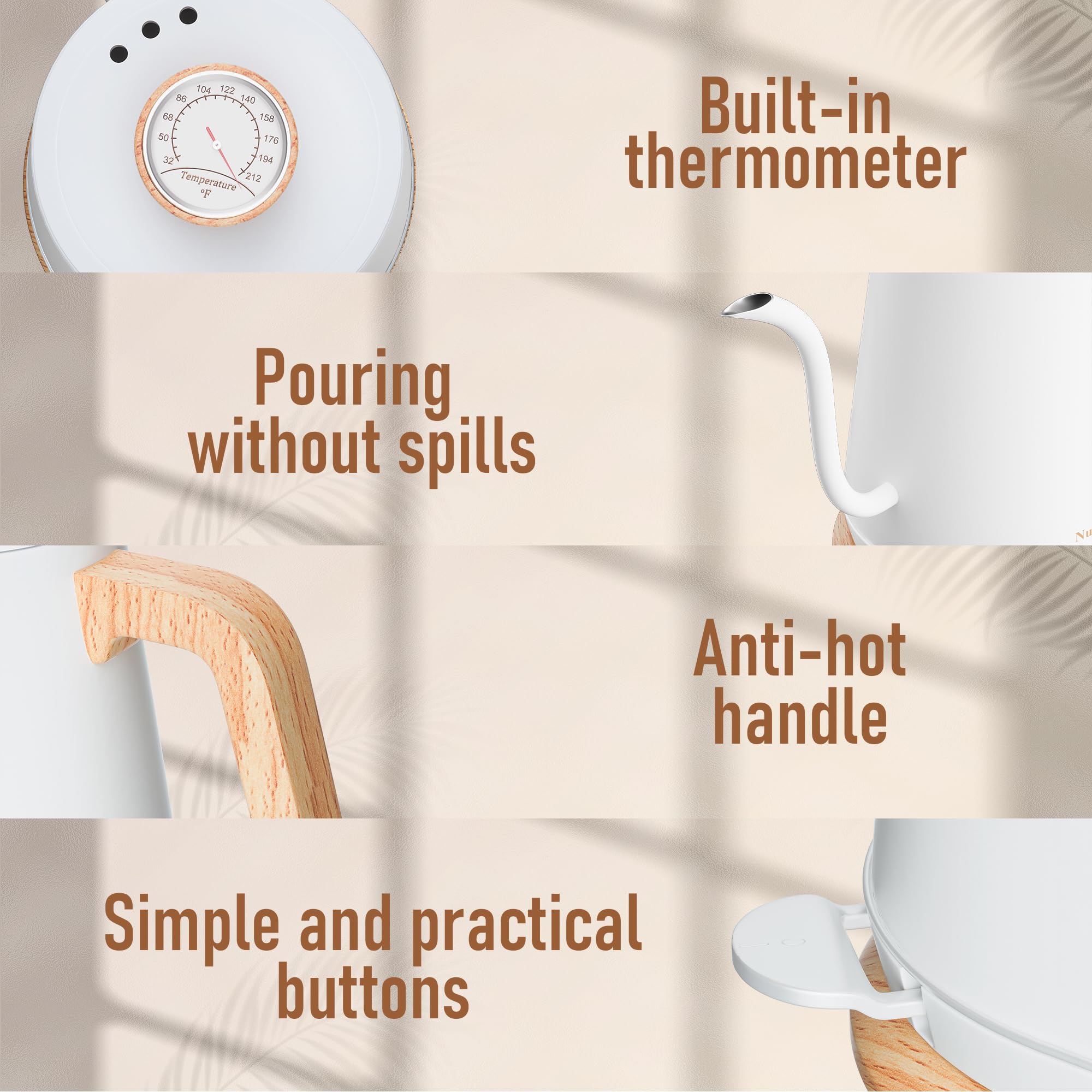 Nueve&Five - Bouilloire électrique col de cygne avec thermomètre, bouilloire électrique de 1 L avec arrêt automatique, bouilloire d'eau chaude en acier inoxydable de 1000 W pour café et thé, couleur