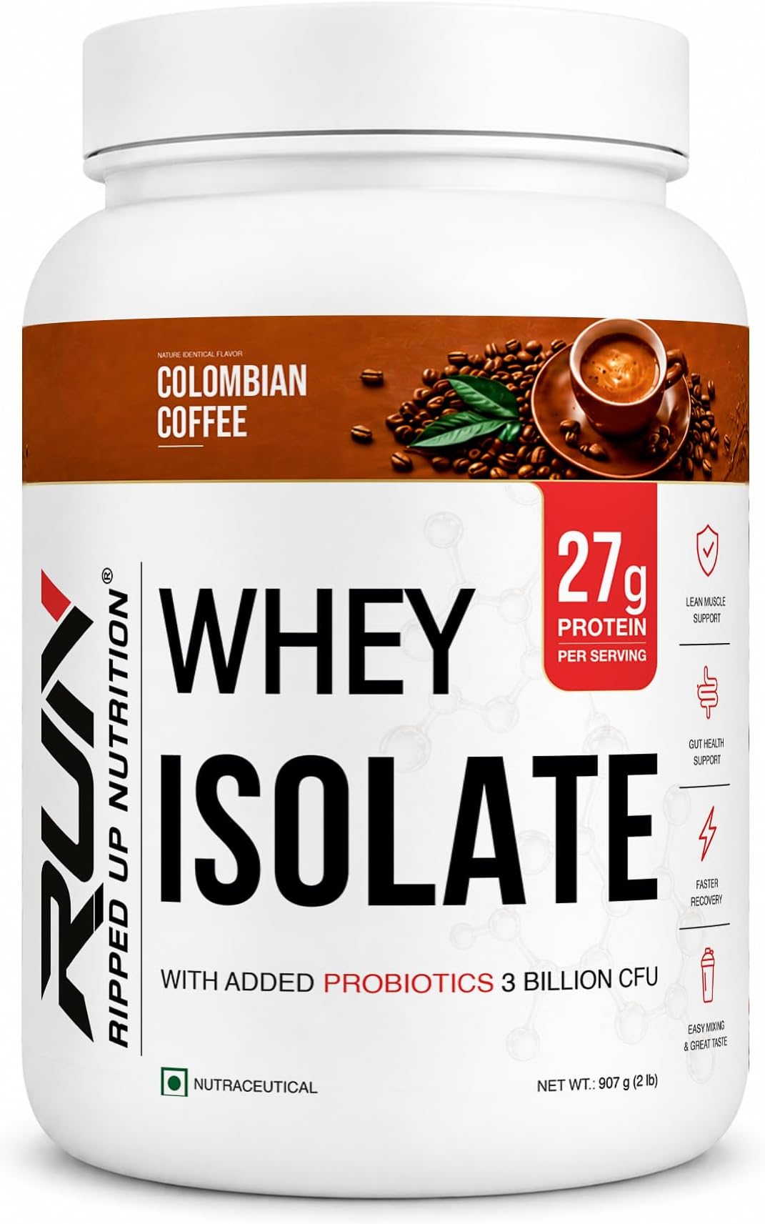 Ripped Up Nutrition Whey Protein Isolate | 27g Fast-Absorbing Protein/Scoop | Low Carb & Fat for Lean Muscle Growth | No Fillers or Maltodextrin | GMP Certified(Colombian Coffee, 907 Gm (2lbs))
