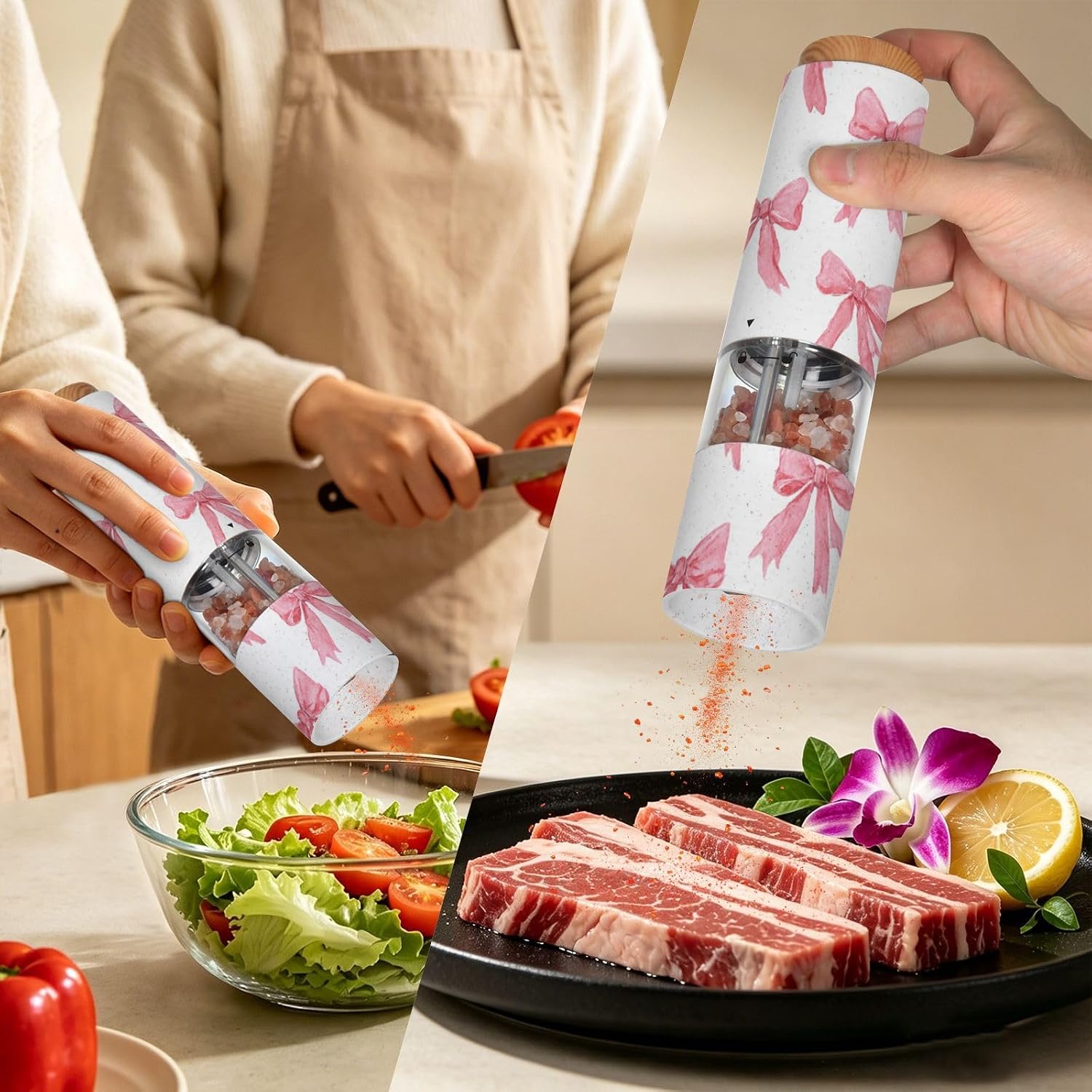 ALAZA Electric Pepper Grinder with Adjustable Coarseness, Long Pink Bows Pattern Battery Automatic Salt and Pepper Mill with Led, One-Handed Operation Spice Grinder for Kitchen, Camping & BBQ