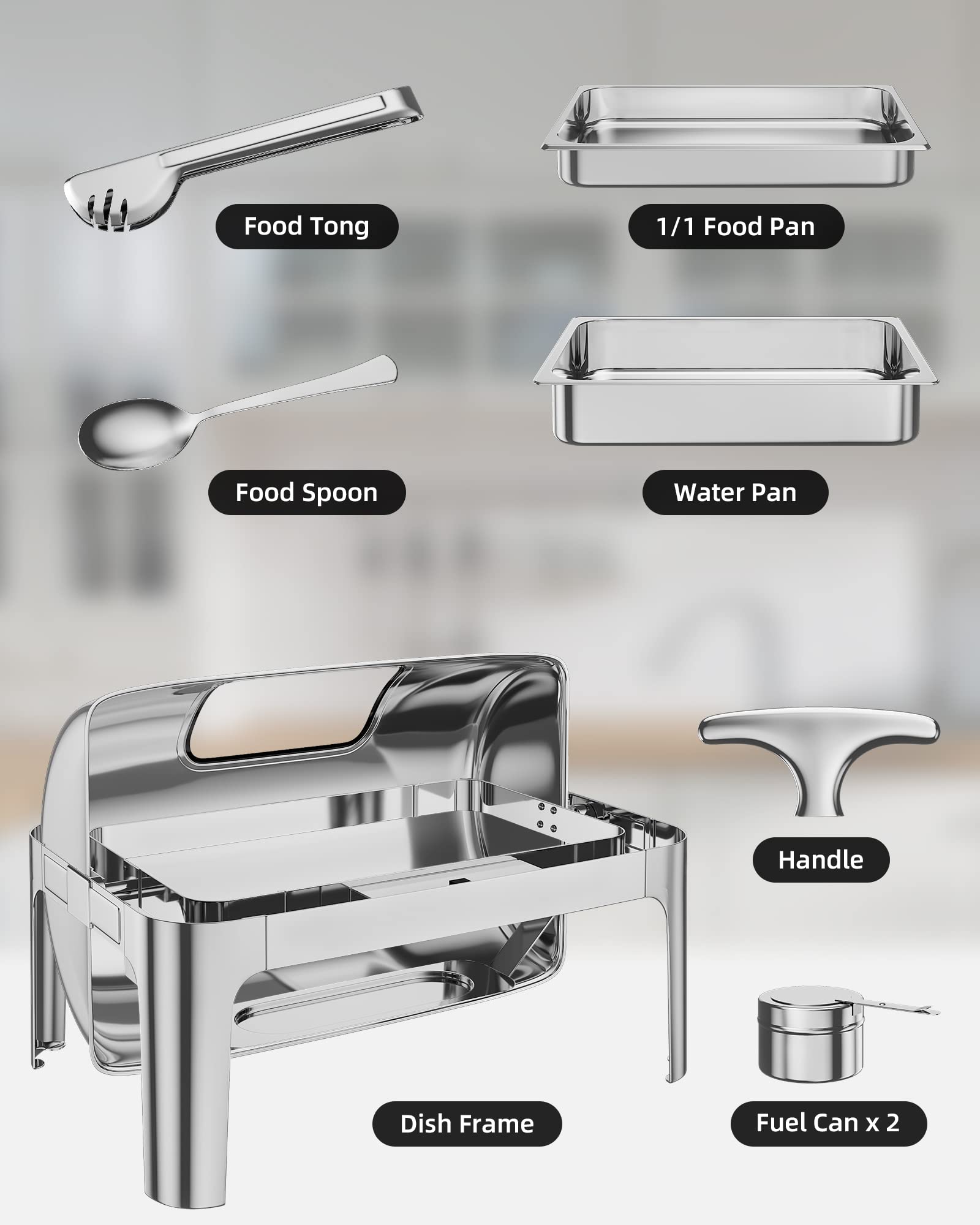 Garvee Chafer clásico de Acero Inoxidable con Tapa Enrollable de 9 Cuartos de galón con Plato de Vidrio para Buffet [al Menos 8 Personas]