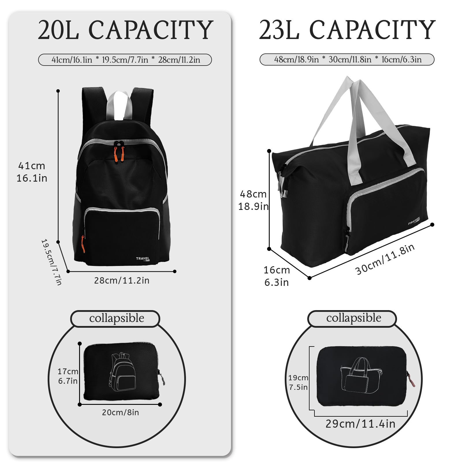 SWLIFL Foldable Hiking Backpack Small Lightweight Packable Backpack 2 Pack 20L/23L for Women Men Vacation,Hiking,Camping,Weekend Travels,Airplane Friendly Travel Bag(Black)