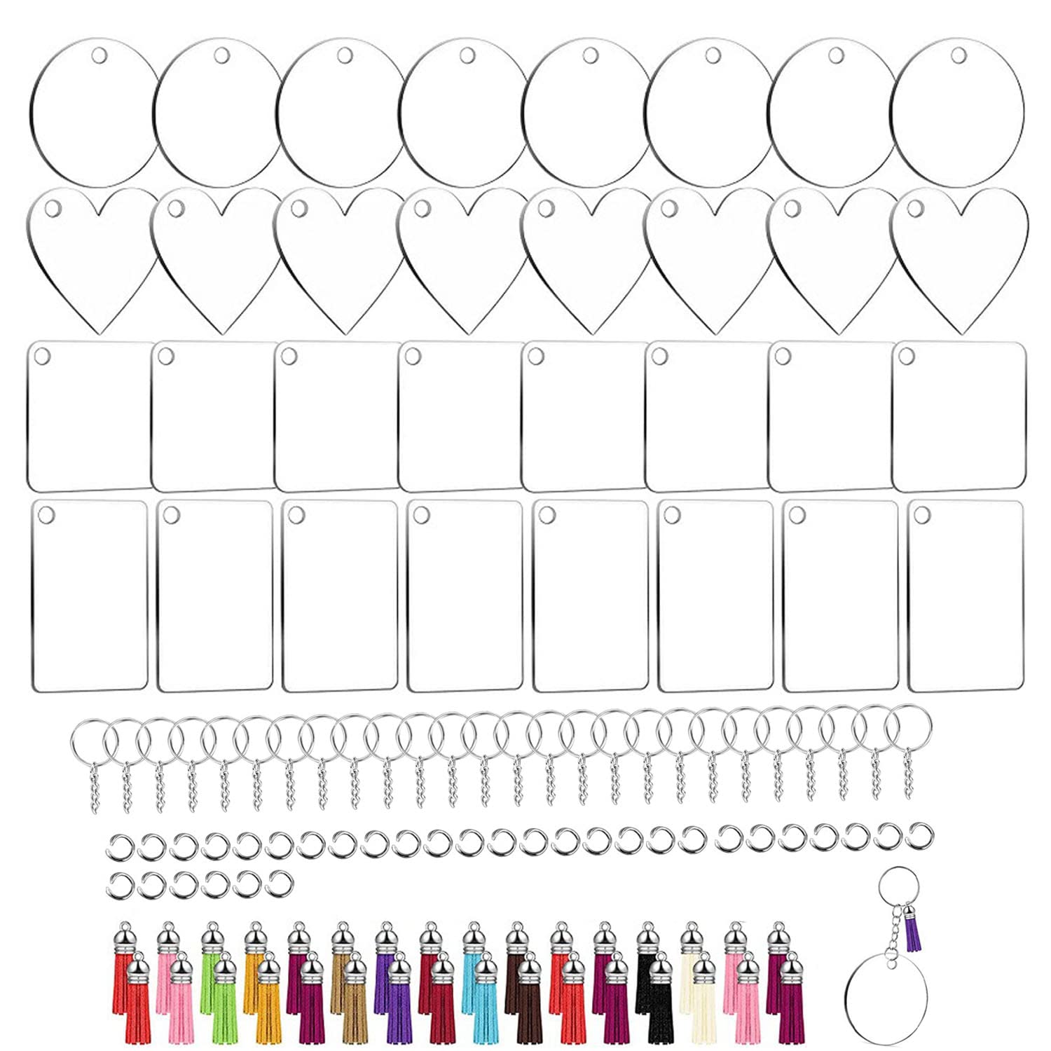 SVUPUE 128 Pieces Acrylic Keyring Blanks, Acrylic Blank Ornaments Set, Round, Square, Heart, with Tassel, Key Ring, for DIY Crafts, Decoration
