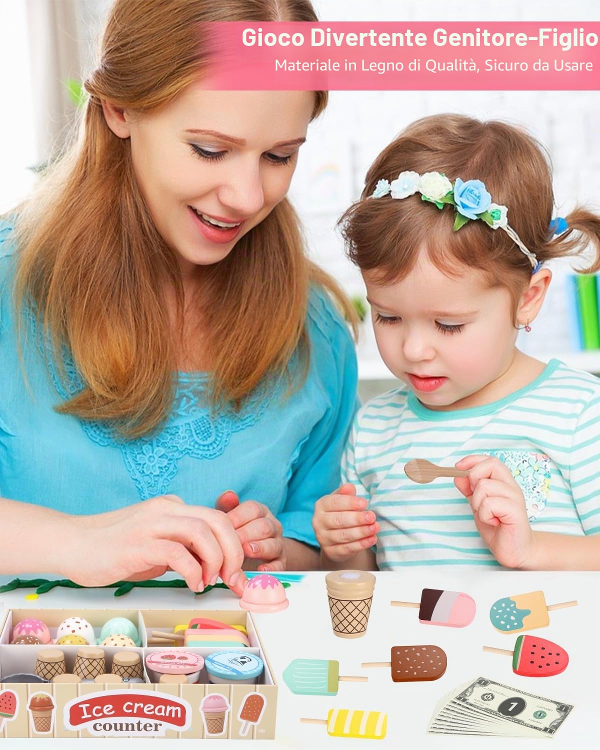 Gelateria Giocattolo, Cucina Cibo in Legno per Bambini, Accessori da Cucina Montessori, Gioco di Ruolo Educativo Regalo per Bambina 3 4 5 6 Anni
