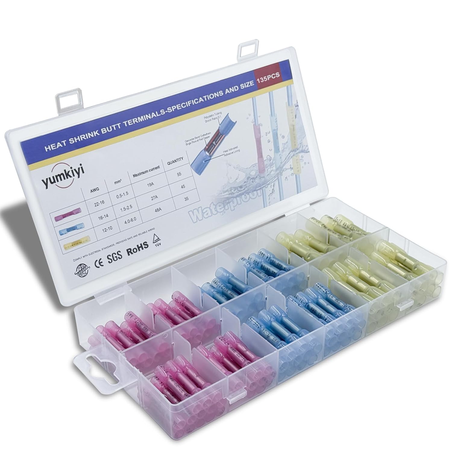 135Pcs Heat Shrink Butt Wire Connectors, Waterproof Terminal kit, Automotive Modification and Marine Electrical Waterproof Terminal kit,Tinned Red Copper Crimp Terminals Set