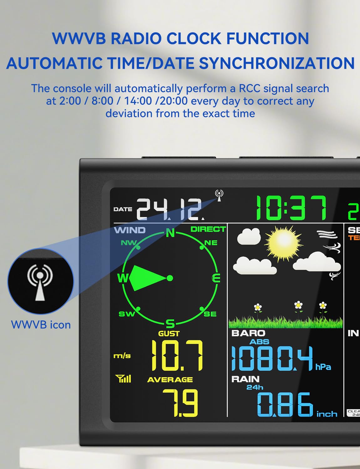 10-in-1 kabellose Wetterstation mit kabellosem Außensensor, Funkuhr, Regenmesser, Windgeschwindigkeit/Richtung, Mondphase, Barometer, Thermometer/Hygrometer, Wettervorhersage (kein WLAN)