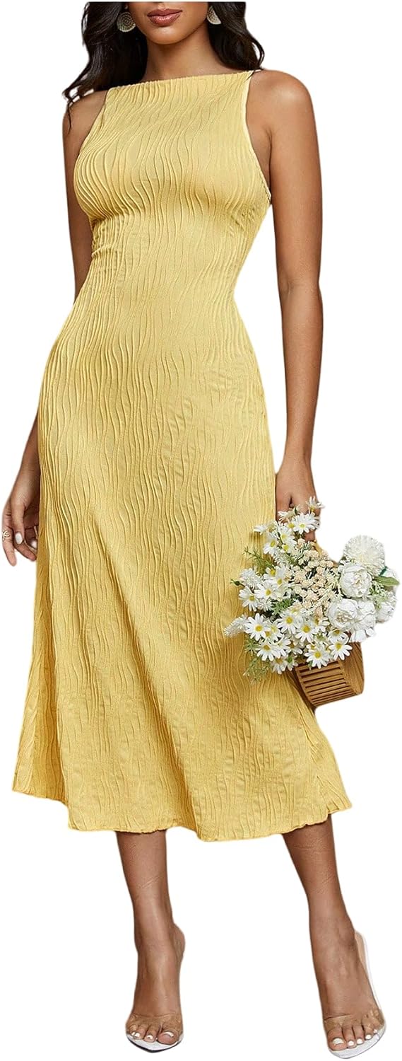 Floerns Women's Elegant Sleeveless Ribbed Knit Mock Neck Bodycon Slit Midi Cami Dress