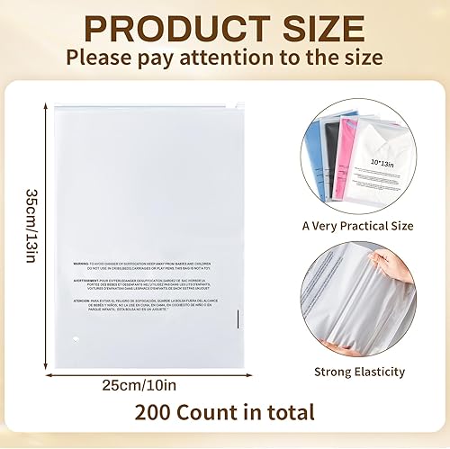 Miniatura 2 de Qilery 200 bolsas de plástico grandes de 10 x 13 pulgadas con cremallera esmerilada, bolsas de embalaje de ropa para envío con advertencia de