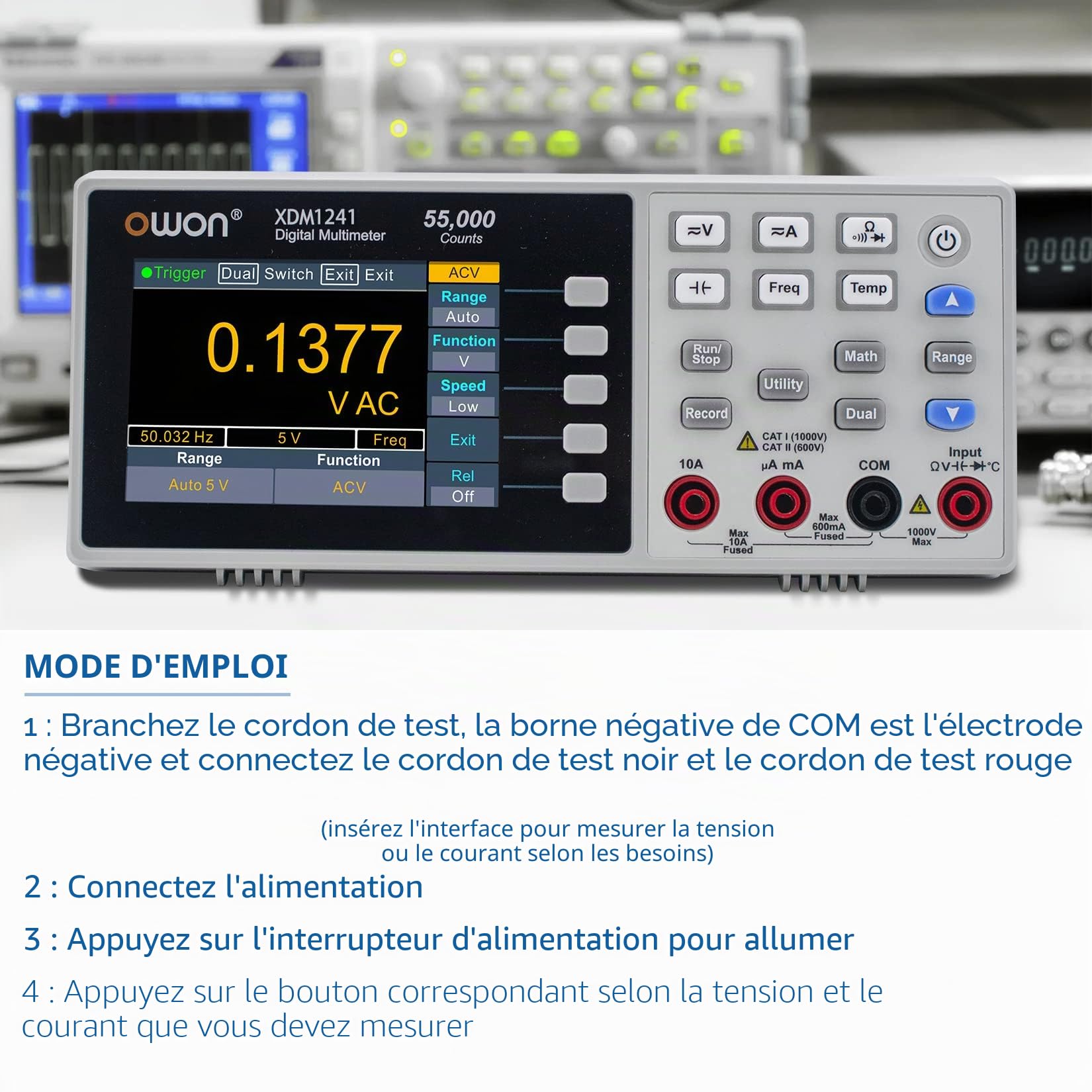 OWON XDM1241 Multimètre de banc portable avec 3,5 pouces 55 000 points True RMS Ultra léger Avec alimentation par batterie au lithium Mesure sur site Multi-testeur numérique pour laboratoires, usines