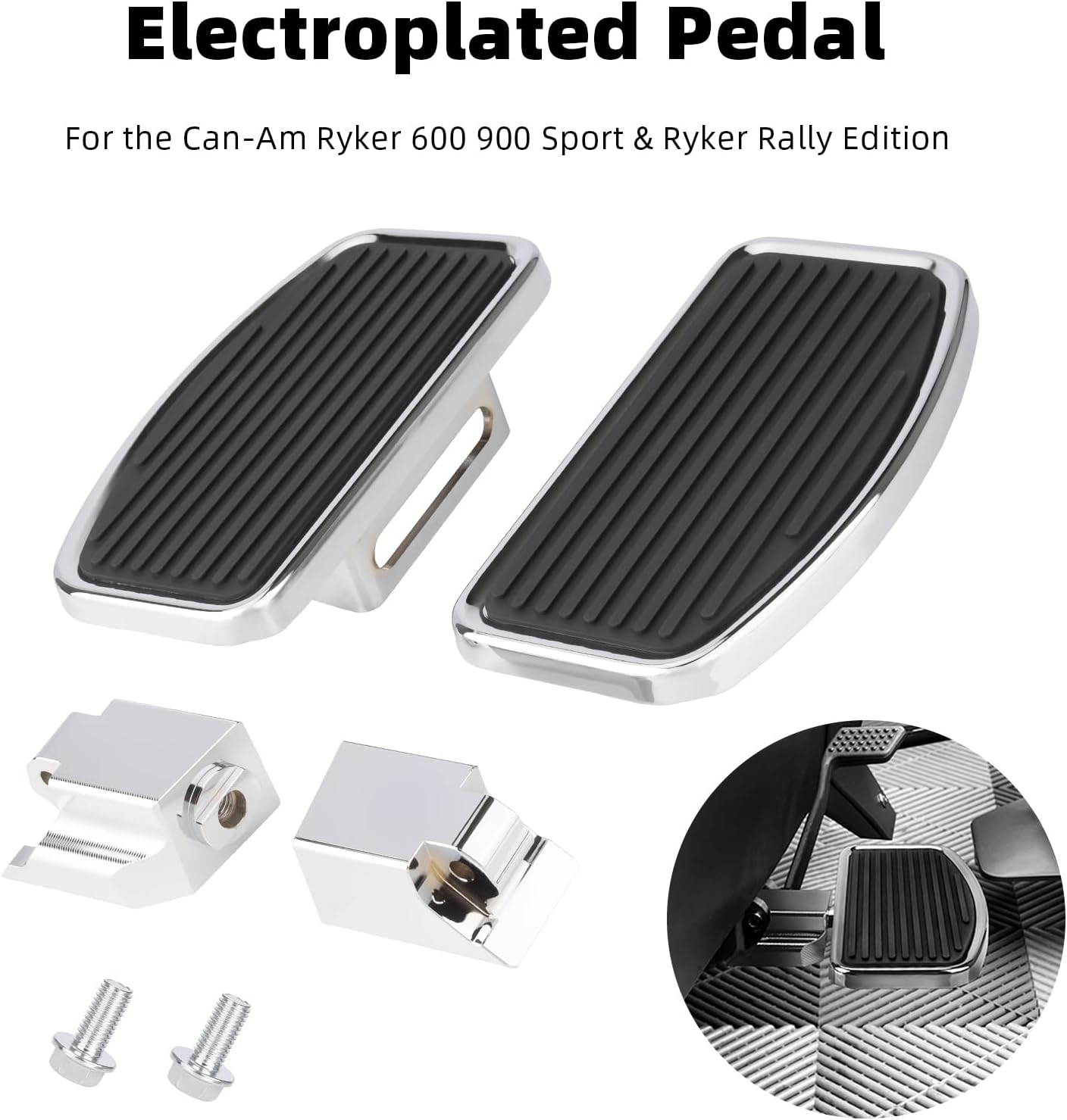 Larger Driver Floorboards Wider Foot Pegs for Can-Am Ryker 600 900 Sport Rally Edition All Models 2015-2025 Rider Front Extended Brake Foot Rest Pedal (Vertical Pattern Chrome)