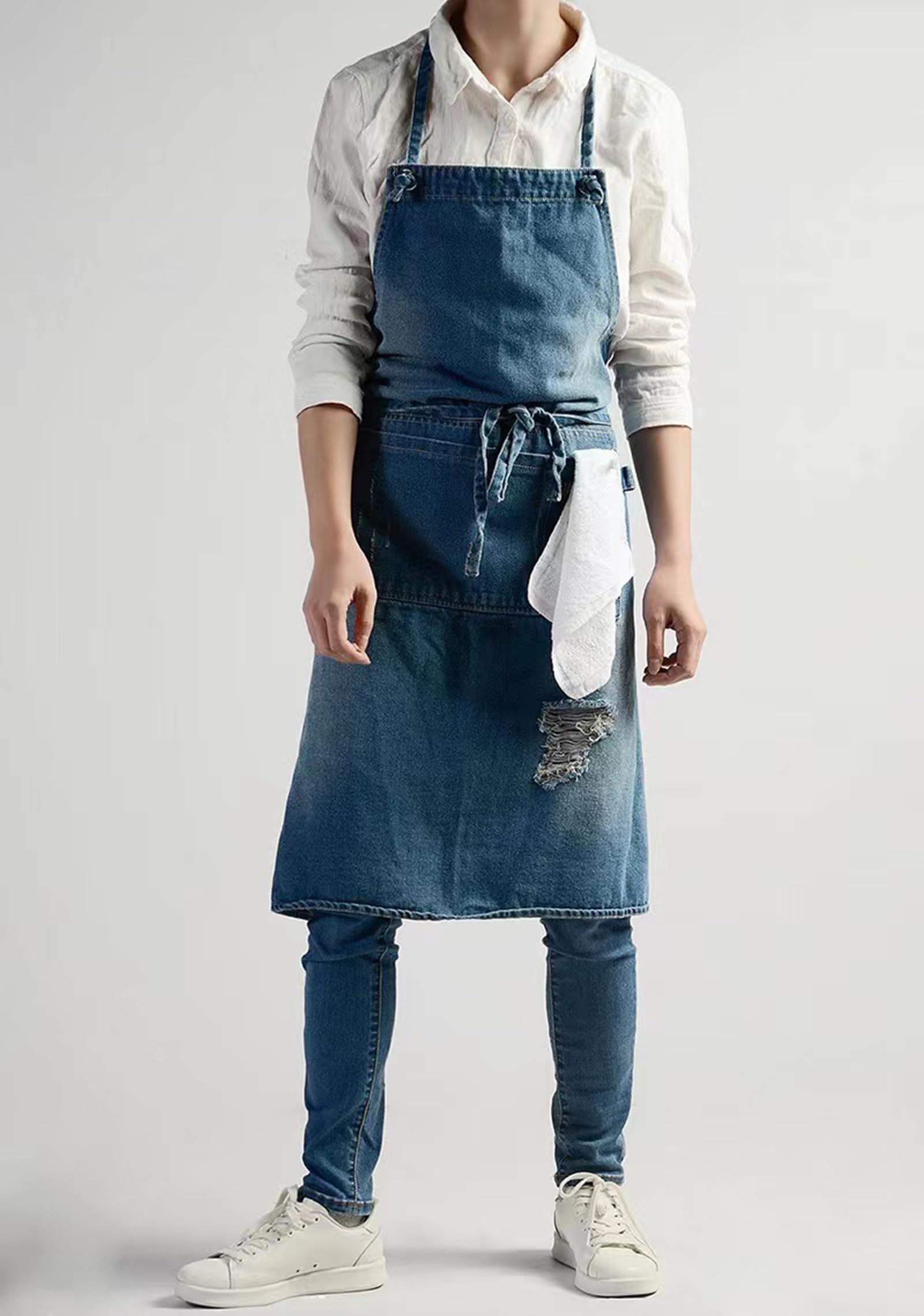 Grembiule Lungo In Denim per Uomo E Donna Grembiule Da Lavoro Alla Moda In Cotone Effetto Strappato Ideale Per Cucina, Hobbistica e Cottura Al Forno