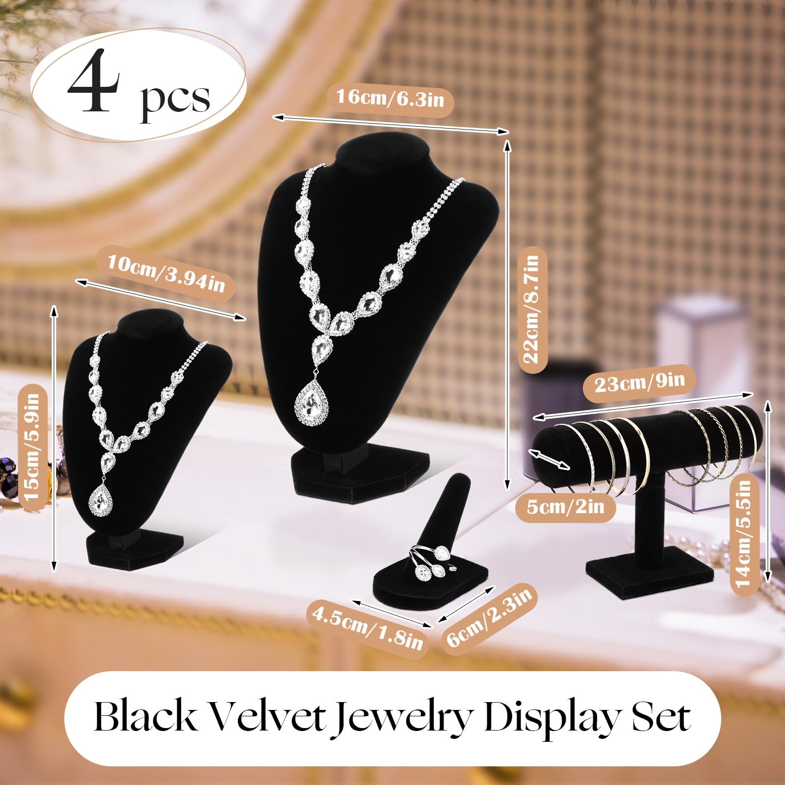 Wenqik Lot de 5 présentoirs à bijoux en velours pour colliers, bustes, bracelets, bagues, bijoux pour vendeurs, salons, vente au détail, décoration d'intérieur (noir)
