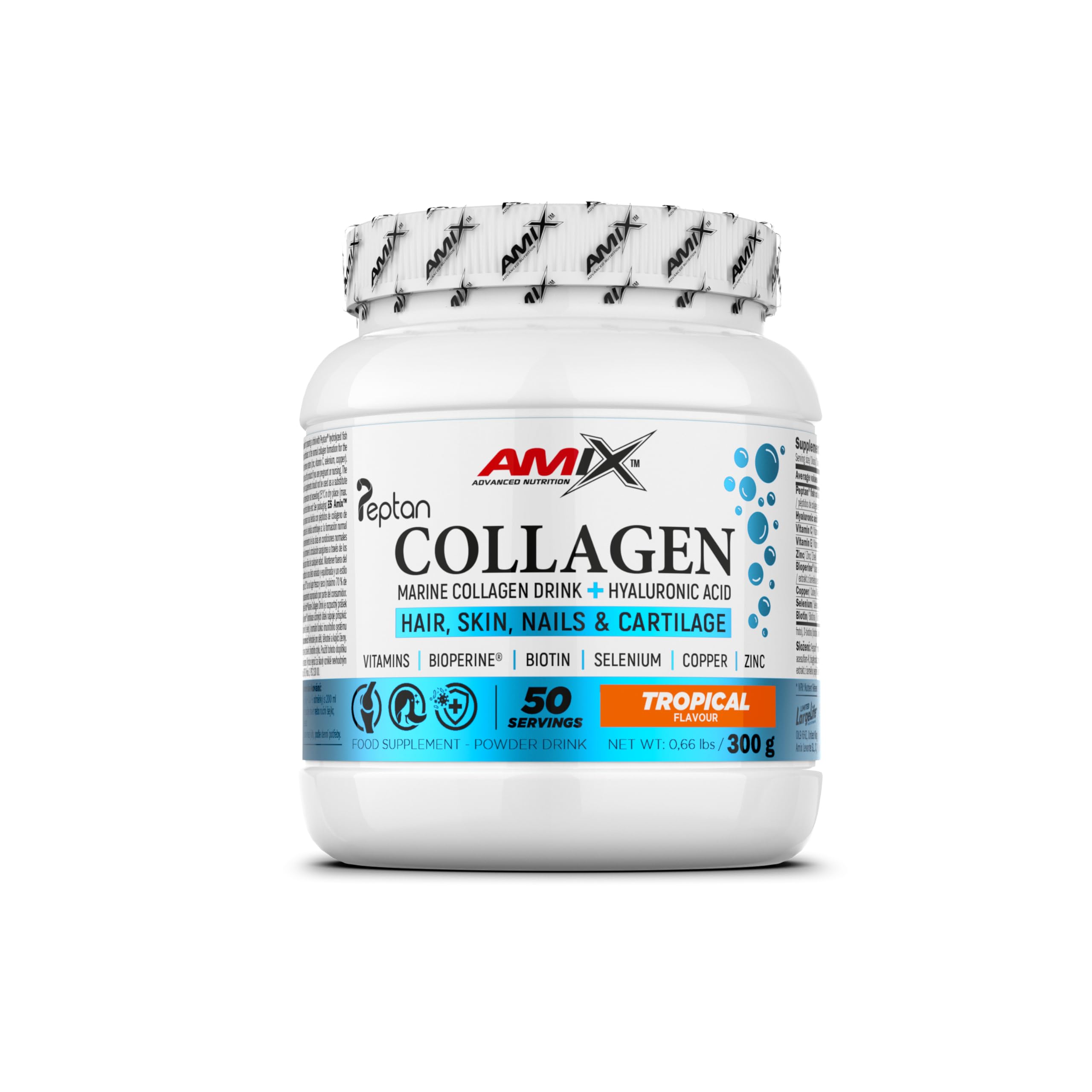 Amix™ Marine Peptan® Collagen Drink - Colágeno Marino Peptan® con Ácido Hialurónico, Vitaminas C y E, Zinc, Selenio y Biotin - Complemento alimenticio - Polvo - 300 g - Sabor: Tropical
