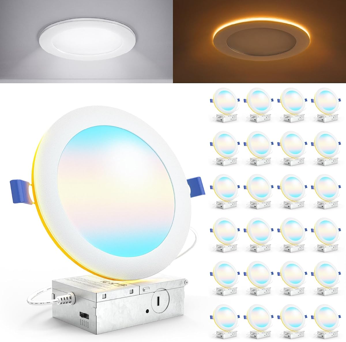 Sunco 24 Pack 6 Inch Canless LED Recessed Light with Night Light 15W, 5CCT | 1500LM, Selectable CCT 2700K/3000K/4000K/5000K/6000K, with Junction Box, Slim LED Canless Downlight, for Low Ceilings