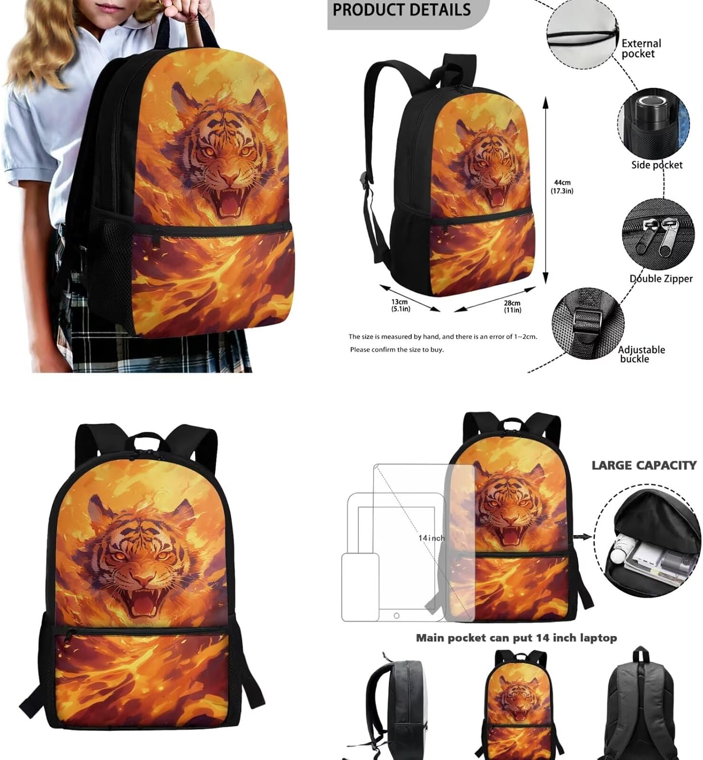 BIGCARJOB Tiger School Bags for Boys - Backpack Set with Lunch Cooler Bags - Back to School Pencil Case - Kids Water Bottle Carrier - Leather Bookmark - 5 Piece Large Bookbags Set for Elementary