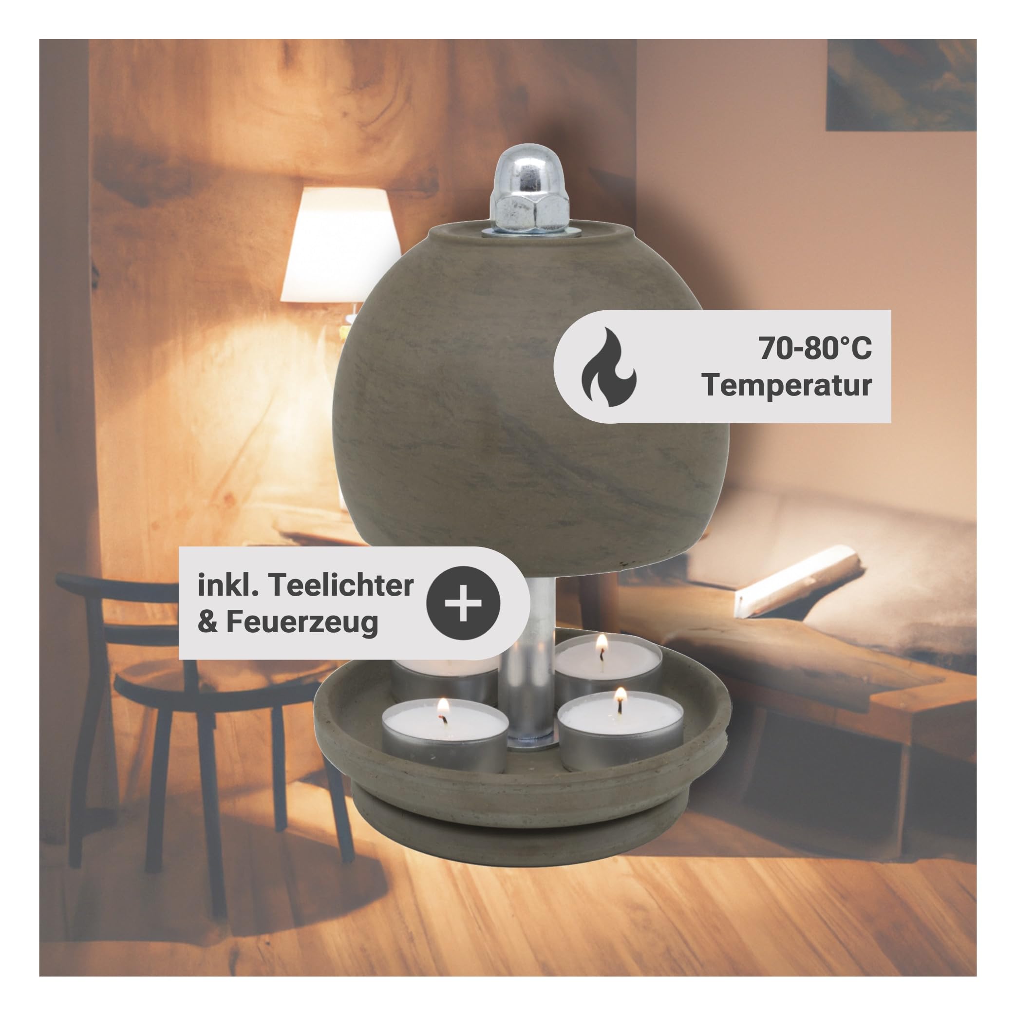 HP Teelichtlampe aus Ton in Basalt Optik - Größe M - Teelichtofen für bis zu 4 Teelichter - Spendet Licht und Wärme - Kerzen Notheizung - Teelichtheizung inkl. Teelichter + Feuerzeug