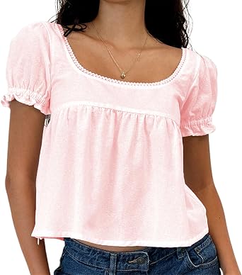 Fairy Grunge Shirts Short Sleeve Square V Neck Low Cut Slimt Fit Y2k Tops Women Teen Girls Cute Summer Vintage Tees