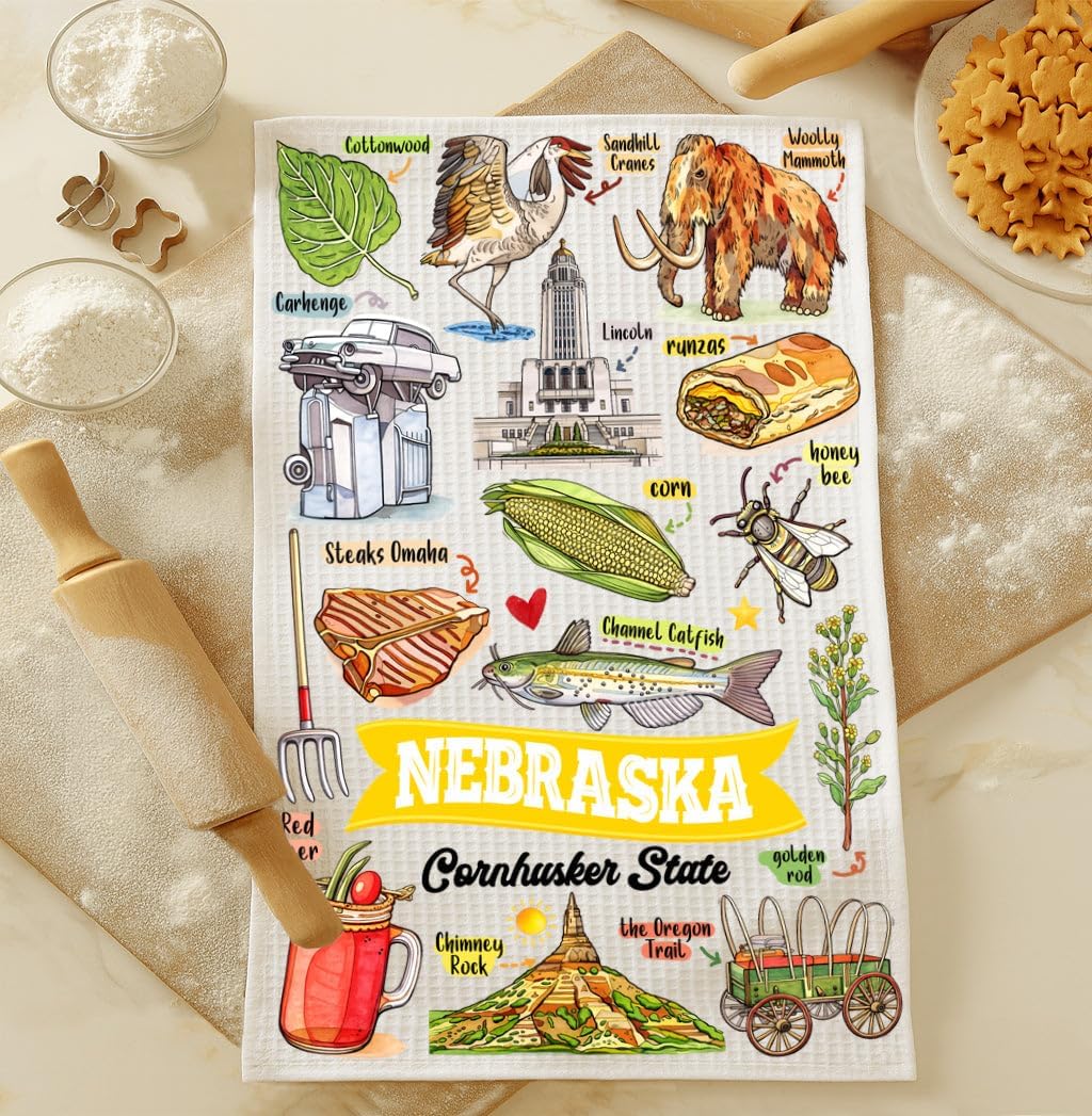 Nebraska Kitchen Towel - State Symbols - Tea and Dish Towel - Gift for Mom - Gift for Nebraska Lovers - Travel Souvenir - Housewarming Present - Kitchen Decor
