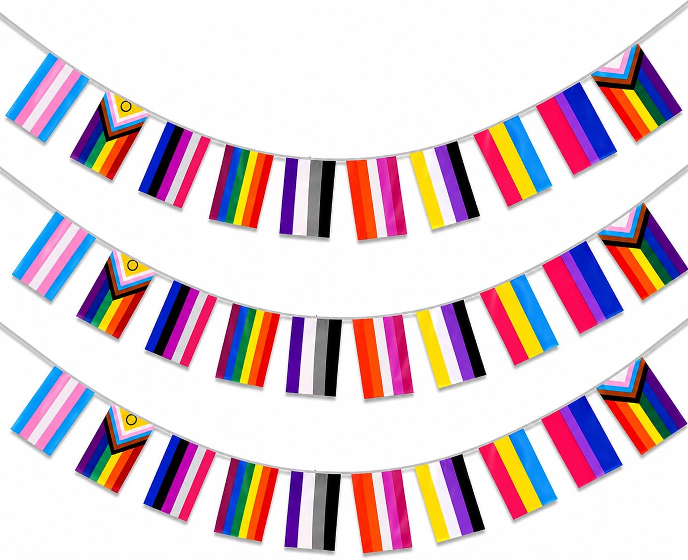 Pride Flags Bunting Banner, 30Pcs Different LGBTQ+ Rainbow Bunting, Rectangle Inclusive Gay Pride Decorations, Vivid Color Stripes Banner Accessories for Pride Decorations, LGBTQ Garden Party