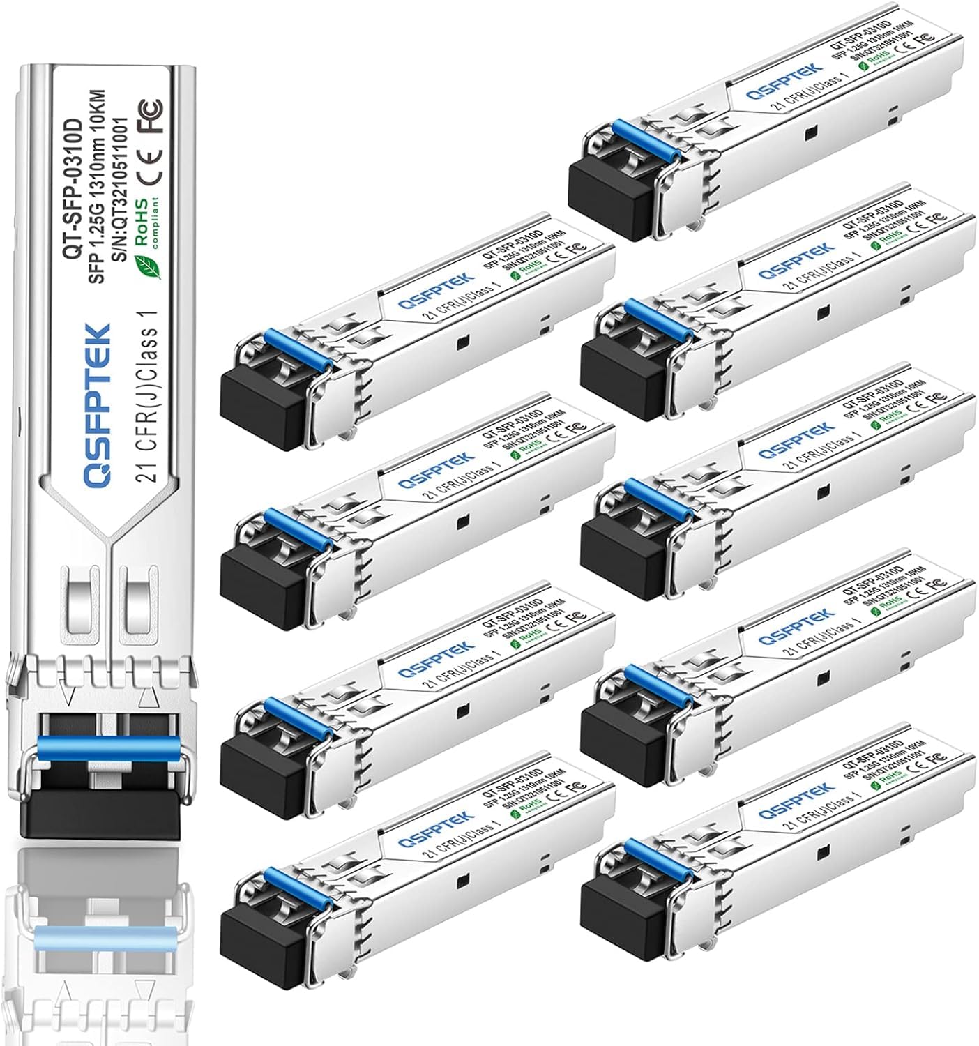 QSFPTEK 10Pack Gigabit 1000BASE-LX/LH 1,25 G Module 1310nm 10km DDM LC Port Monomode Mini-GBIC pour Cisco GLC-LH-SMD/GLC-LX-SM-RGD, Ubiquiti UF-SM-1G Microtique