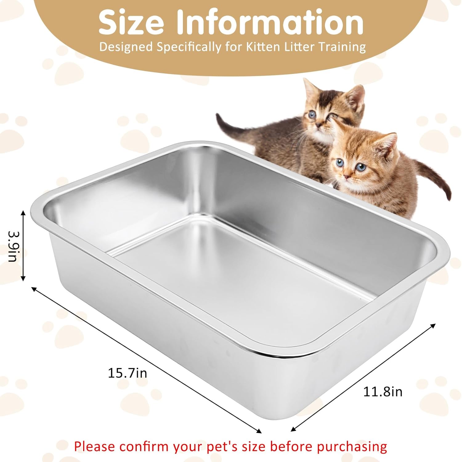 Fhiny Stainless Steel Cat Litter Box, Low Entry Metal Cat Open Litter Pan Potty Kitten Training Toilet Odor Control Smooth Surface（4XL:15.7 x 11.8 x 3.9 in ）