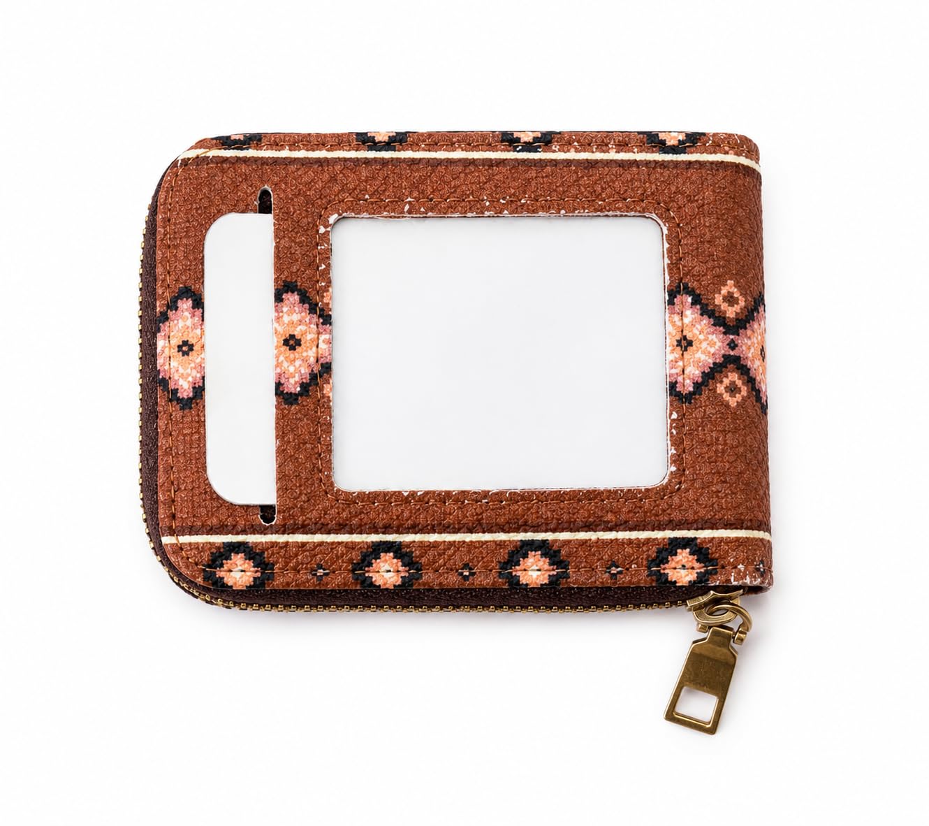 Boho Aztec Zip Around Card Holder | Compact RFID-Free Card Wallet | 11 Card Slots | Cash & Coin Organizer | Unisex Travel Wallet (Peach & Brown)-image-40