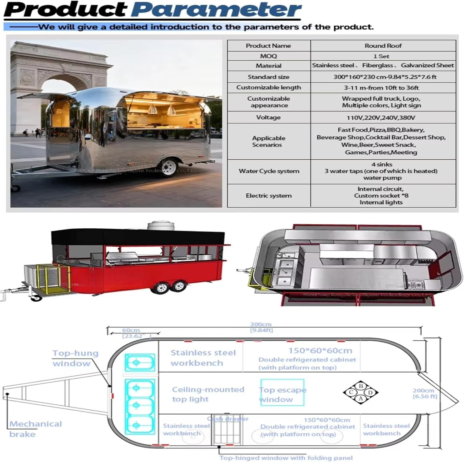 Food cart Trailer - Equipped with Frying pan, deep Fryer, Refrigerator, Freezer Combination, Preparation Table, Electrical System, Suitable for Coffee, Burgers, Fries, Pizza, Pasta.