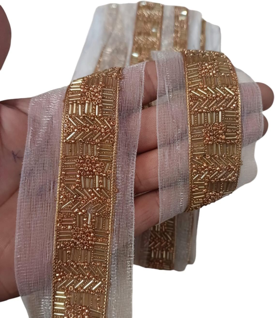 Small Pearls Sticking by Machine Golden Lace Border for Saree, Lehenga & Bridal Wear – 9 Metres – Premium Wedding & Festive Embroidery Trim Lace