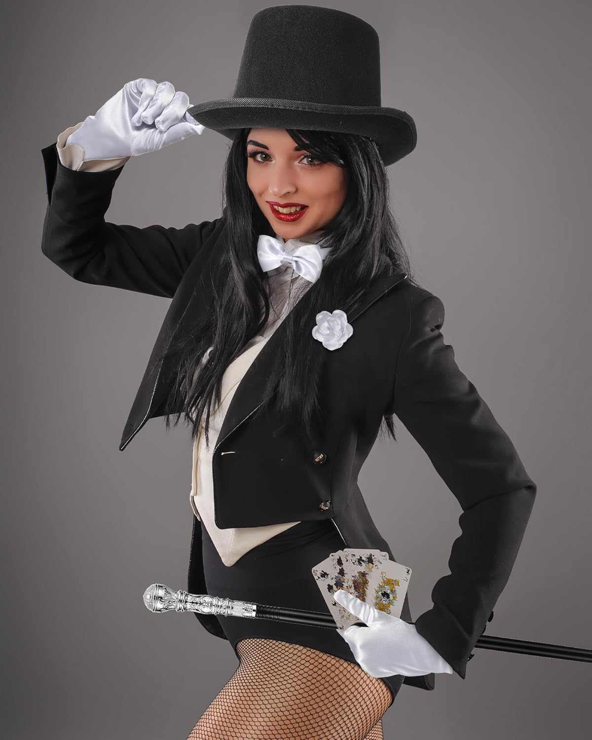 5 Pcs Adult Magician Costume Accessories Women Top Hat Wand Gloves Bow Tie Rose Flower Brooch Magician Costume for Halloween Cosplay Parade Dance Recitals