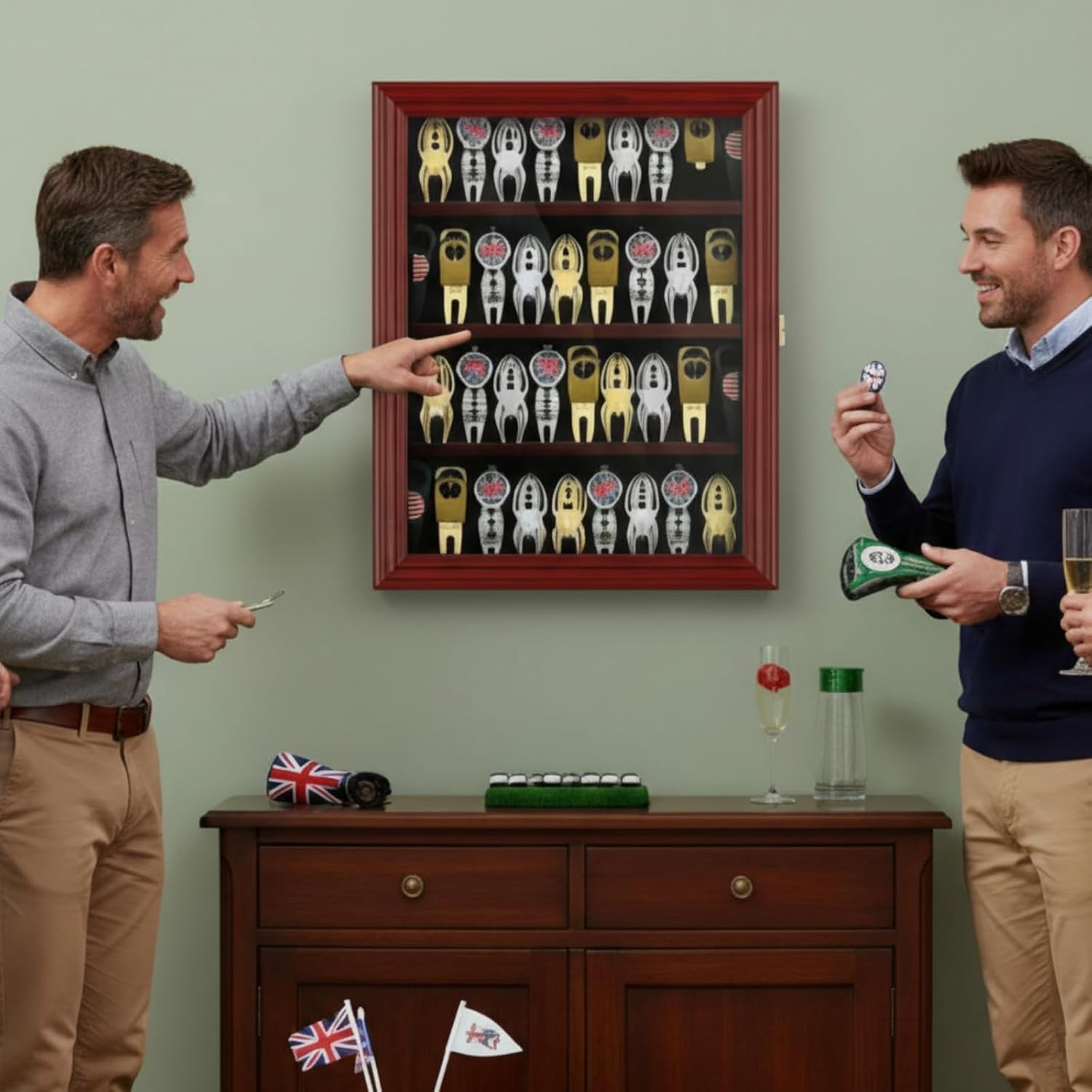 40 Golf Divot Tool Display Case 15.55 x 13.98 x 1.77'' Wall Mount Wooden Cabinet W/98% UV Acrylic Door Lockable Rack Storage Holder Box for Collection Sport Collector Memorabilia