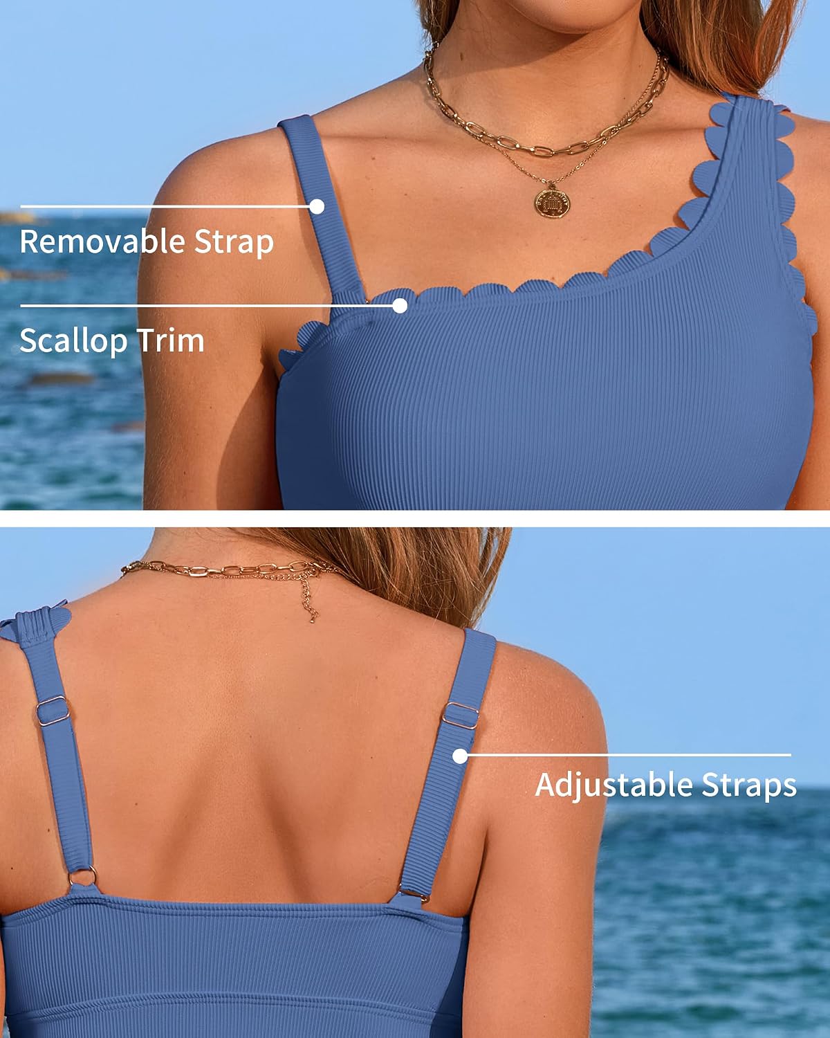 ANFILIA One Shoulder Two Piece Tankini Swimsuits for Women Tummy Control Bathing Suit Scalloped Tankini Top with Bottom