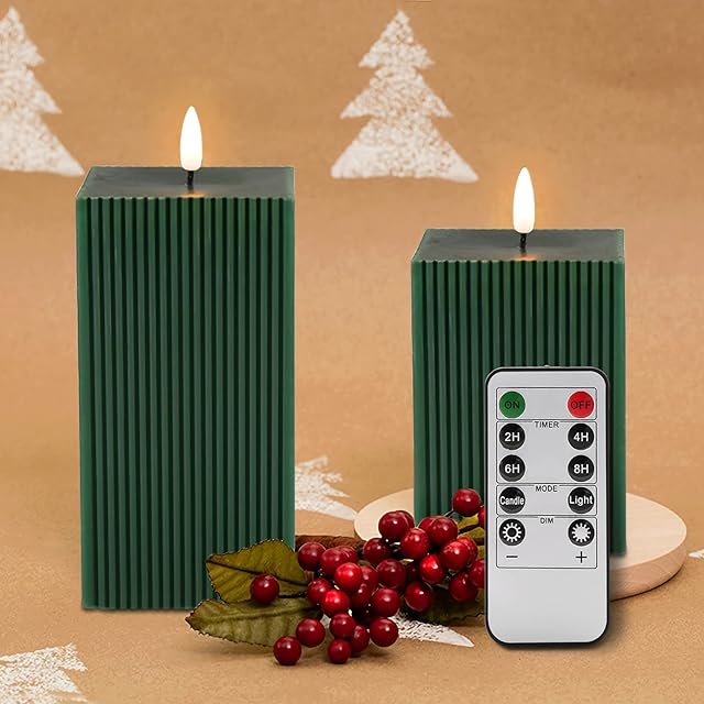 Eywamage Dark Green Square LED Candles Flickering Real Wax Flame Battery Candles D 3" H 4" 6"