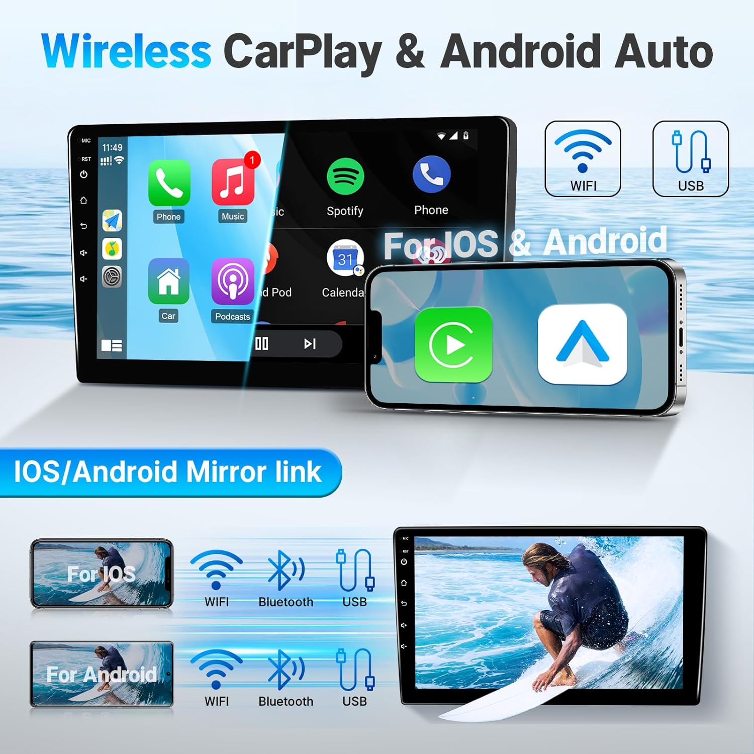 2+32GB Car Radio for Toyota Tundra 2007-2013 Toyota Sequoia 2008-2018 Stereo with Carplay Android Auto - 10.1" Touch Screen for Sequoia with Bluetooth GPS WiFi SWC FM - Support Large Screen