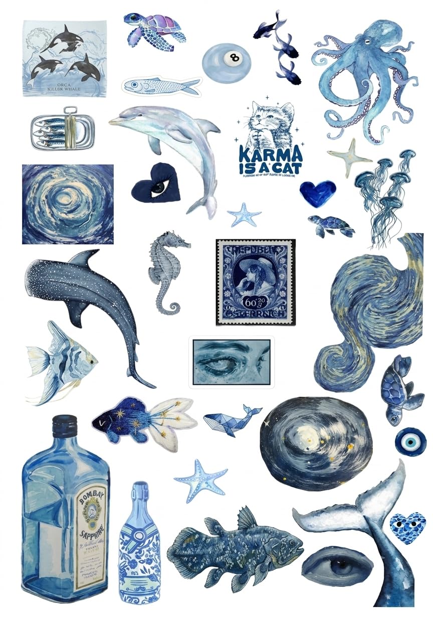 Blue Aesthetic Marine Life Laminated Stickers Pack - A4 Size Sheet | Waterproof, Scratch-Resistant, UV-Protected, Ocean & Nature Themes, Fully Laminated-image-34