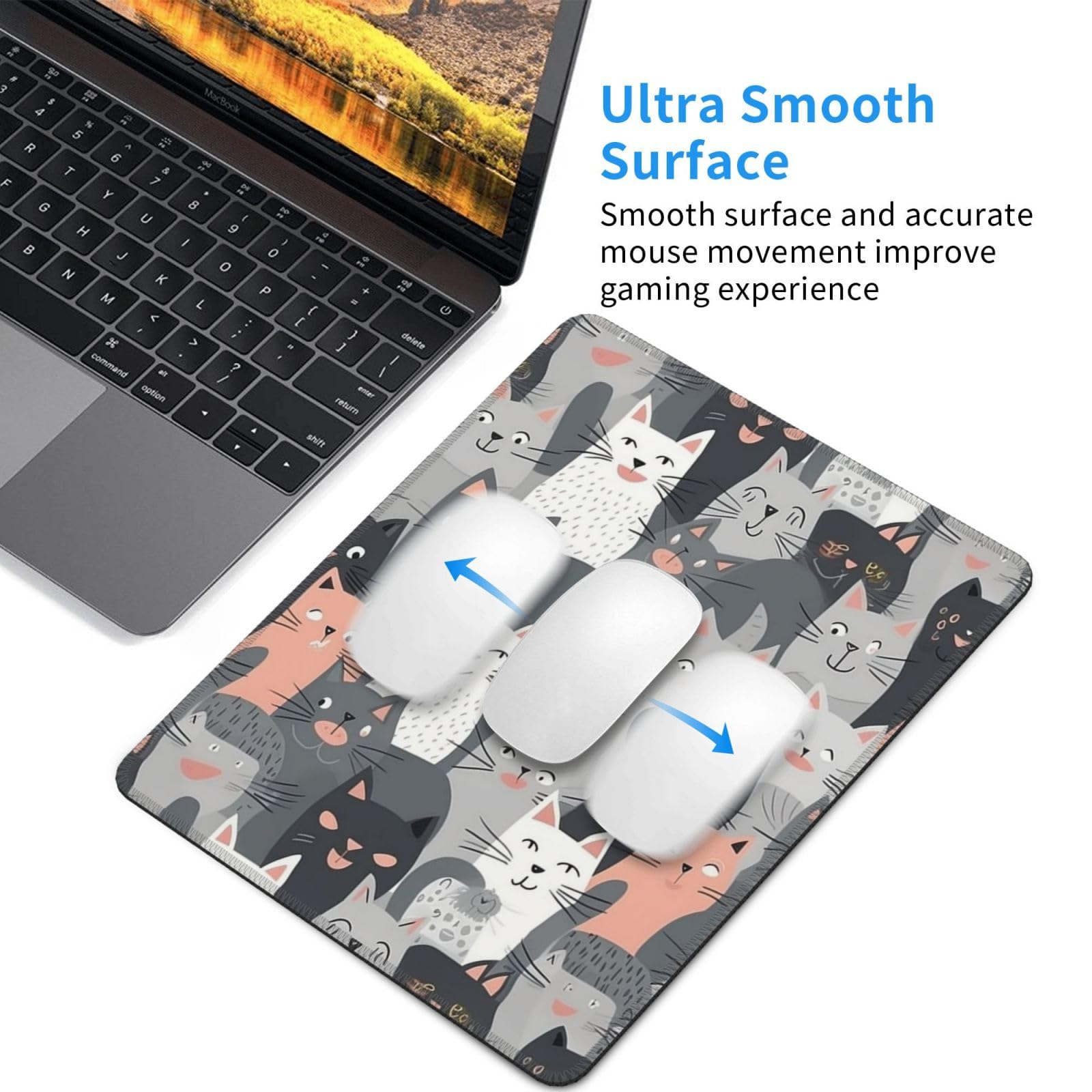 Gaming Mousepad Cute Funny Grey Cats Pattern Print Rectangle - View #2