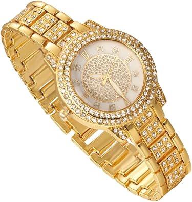Luxury Diamond Watch for Kids Teen - Iced Out Bling 18K Real Gold/Platinum Plated - Gypsophila Rhinestones Round Dial Strap 7.7" - Giftbox Included - Optional with Cuban Chain