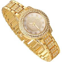 Luxury Diamond Watch for Kids Teen - Iced Out Bling 18K Real Gold/Platinum Plated - Gypsophila Rhinestones Round Dial Strap 7.7" - Giftbox Included - Optional with Cuban Chain