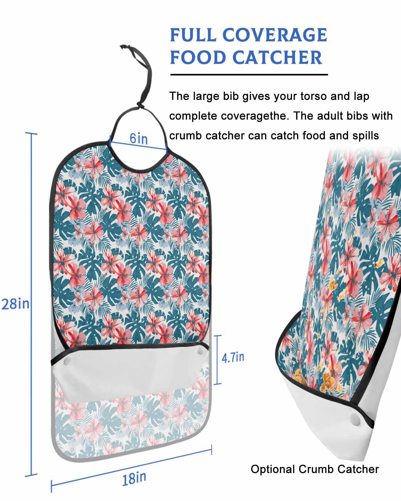 LEOKOTI Turquoise Red Botanical Adult Bibs for Eating, Waterproof Bibs with Food Catcher & Adjustable Snap Closure, Tropical Summer Flowers Washable Clothing Protectors Adult Bibs for Elderly