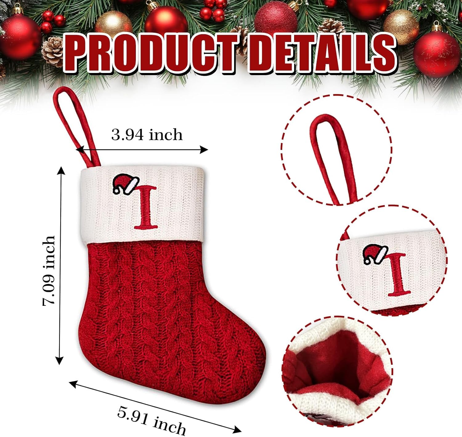 Christmas Stockings Individual Letters A-Z Red Cable Knit Personalized Name Embroidered Pet Dog Cat Family Holiday Fireplace Decoration Xmas Gift (I)